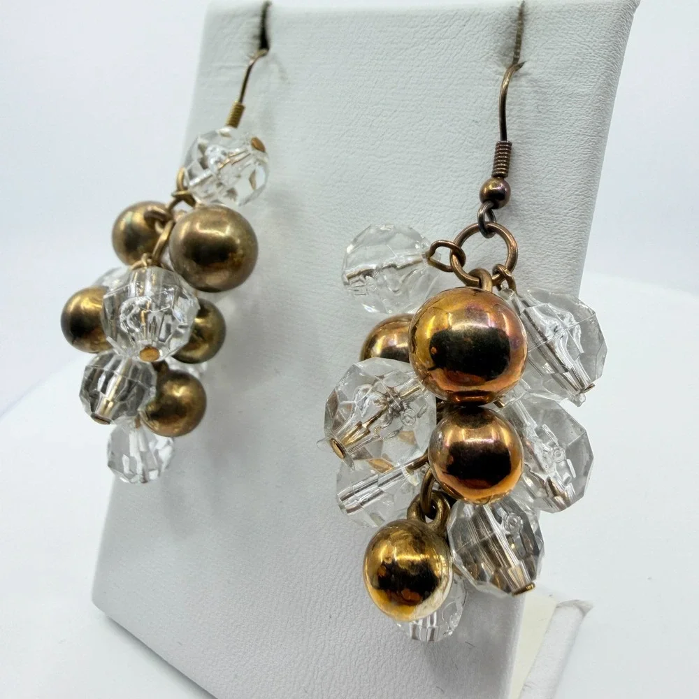 VTG Y2K Chunky Cluster Dangle Earrings Gold Tone Clear Faceted Bead Grape Charm
